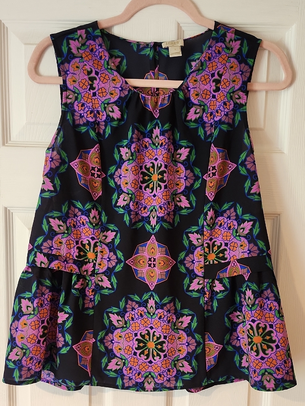 J. Crew Black Sleeveless Tunic Top with Purple Medallion Print
